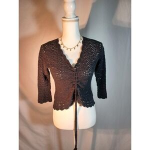 One Step Up Cardigan Sweater Womens Juniors Medium Black Crochet Ruched Tie